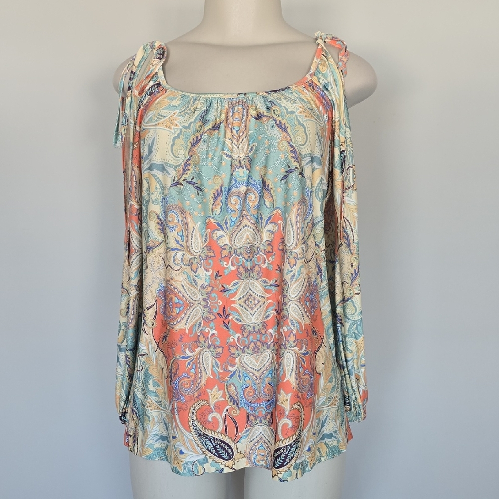 Boston Proper orange/blue/yellow long sleeve paisley print cold shoulder top-XXS